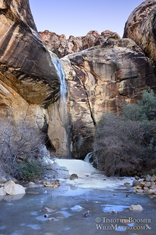 Lost Creek Waterfall and Lost Creek, partially frozen in this winter landscape.  Red Rock Canyon National Conservation Area, Las Vegas, Clark County, Mojave Desert, Nevada.  Stock Photo ID=SCE0199